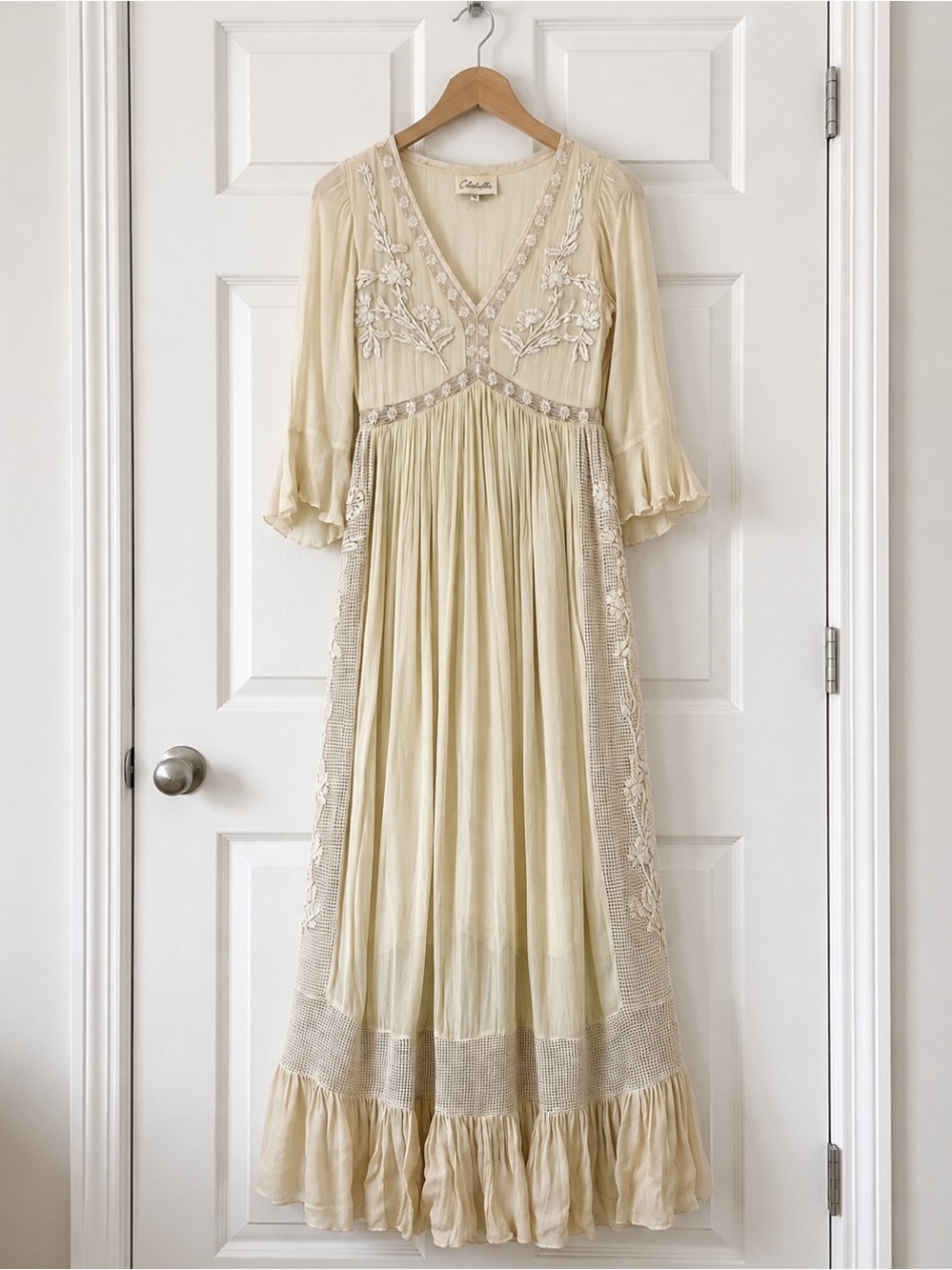 Vintage Cleobella Elegant Cream Embroidered Maxi Dress XS